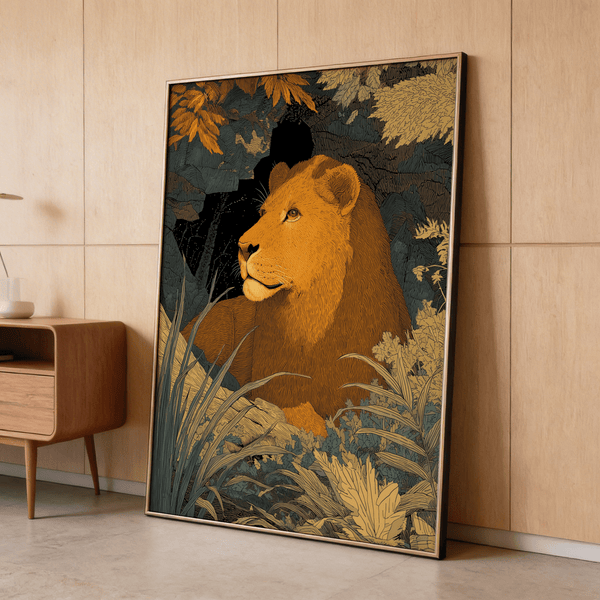 Graphic lion wall art print with grasses in the foreground and dense leaves