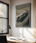 Close-up crop of Grand Prix Poster highlighting the car silhouette and curved track