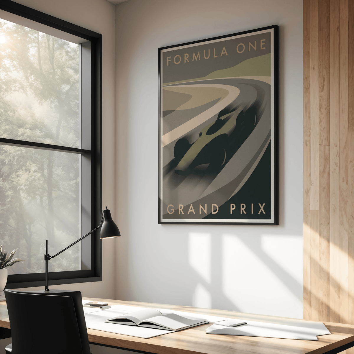 Close-up crop of Grand Prix Poster highlighting the car silhouette and curved track
