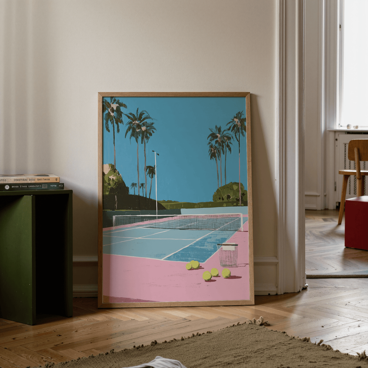 Courtside tennis wall art print featuring wire basket and tennis balls in foreground