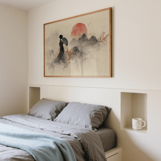 Oriental Wall Art Poster in Black ink with Red blossoms for hallway wall art