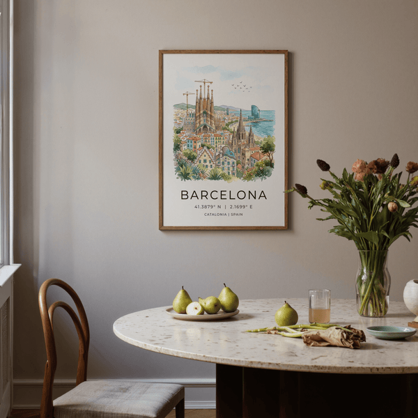 Detailed Barcelona City Art Print illustration with foreground greenery and rooftops