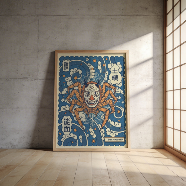 Japanese folklore wall art print with kanji-style panels and a stylized spider creature