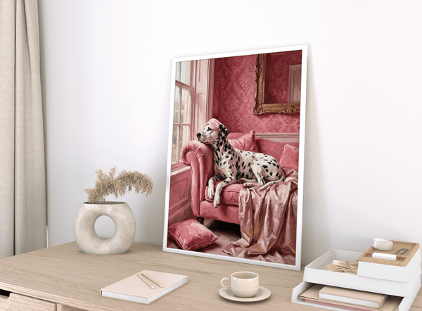 Dalmatian Art Print as playful wall art for home office with Pink details