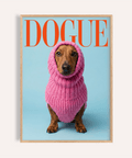 Funny Daschund Print with pink sweater, blue background, living room wall art