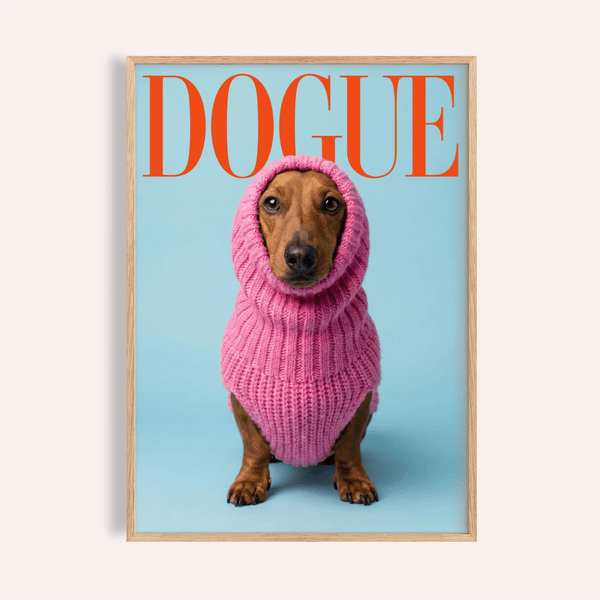 Funny Daschund Print with pink sweater, blue background, living room wall art