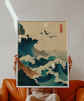 Japanese Wave Art Print showing towering wave near rocky coastline