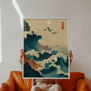 Japanese Wave Art Print showing towering wave near rocky coastline