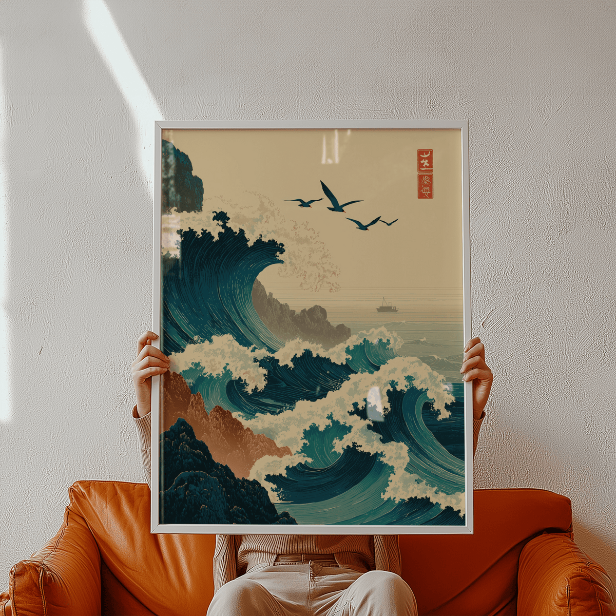 Japanese Wave Art Print showing towering wave near rocky coastline