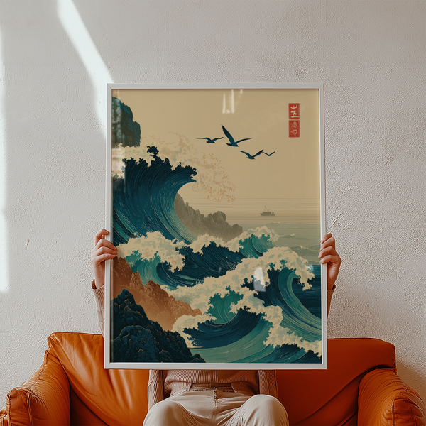 Japanese Wave Art Print showing towering wave near rocky coastline