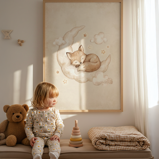 Dreamy Animal Art Print showing a fox resting on a moon with small clouds
