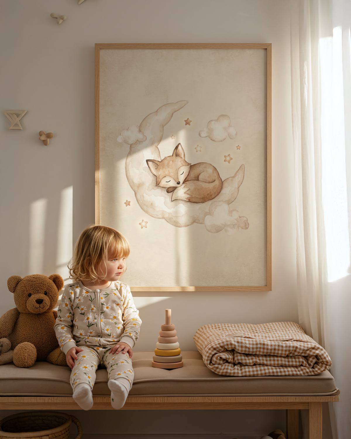 Dreamy Animal Art Print showing a fox resting on a moon with small clouds