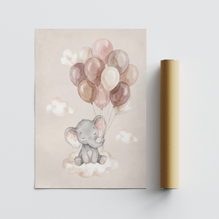 Cute Elephant Wall Art featuring a seated elephant and floating balloons illustration