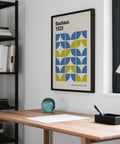 Blue and lime green poster for Modern Office Wall Decor shown flatlay style.
