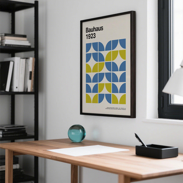 Blue and lime green poster for Modern Office Wall Decor shown flatlay style.