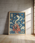 Vertical wall art print with Japanese yokai illustration, leaf motifs, and decorative border