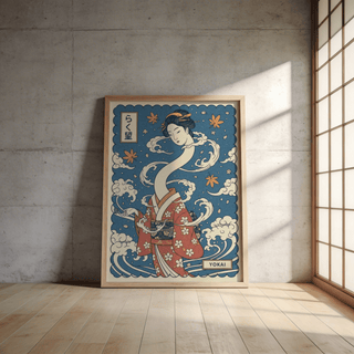 Vertical wall art print with Japanese yokai illustration, leaf motifs, and decorative border