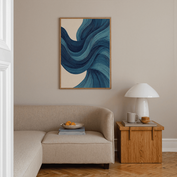 Contemporary Abstract Wave Art poster in Blue and Beige for home