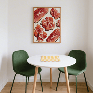 Modern kitchen Parma Ham Poster art print featuring reds and whites