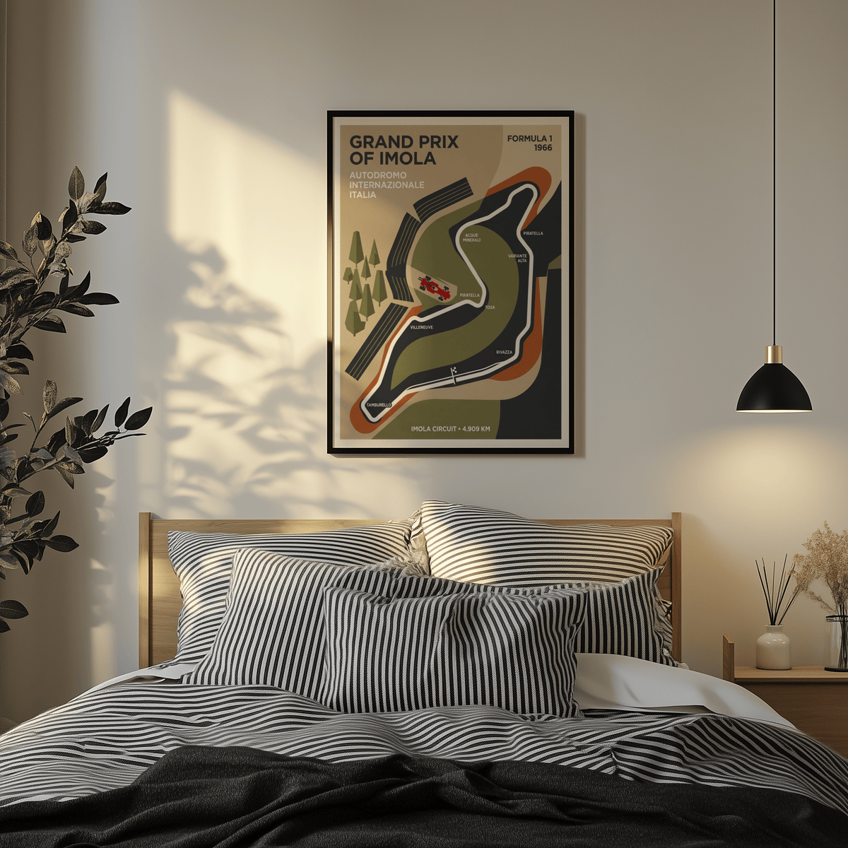 Presenting a circuit map wall art print with layered shapes, a track path outline, and turn names