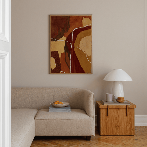Abstract Earth Tones Print for dining room, highlighting orange and brown hues