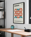 Mid-century style modern geometric wall art with warm and cool tones.