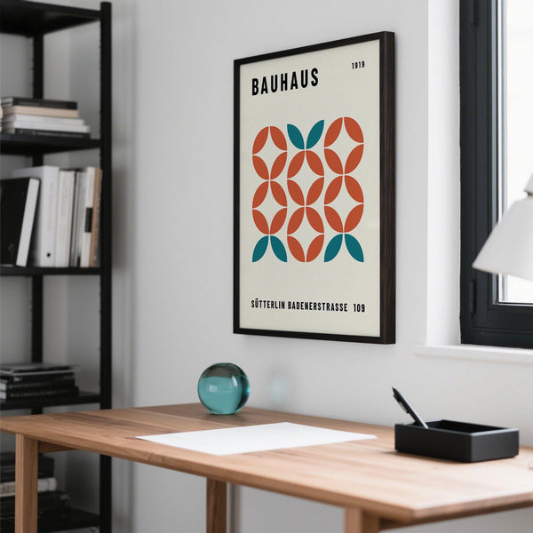 Mid-century style modern geometric wall art with warm and cool tones.