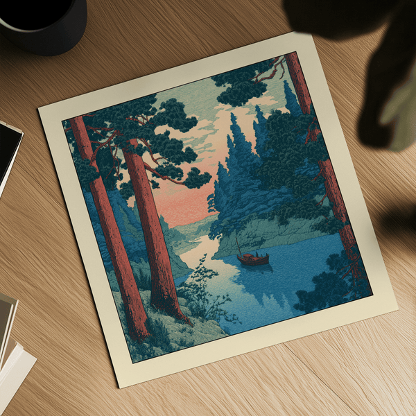 Hasui Kawase river boat print displayed as wall art with subtle border