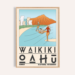 Hawaii Travel Poster with surfers riding waves before volcanic peak