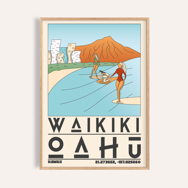 Hawaii Travel Poster with surfers riding waves before volcanic peak
