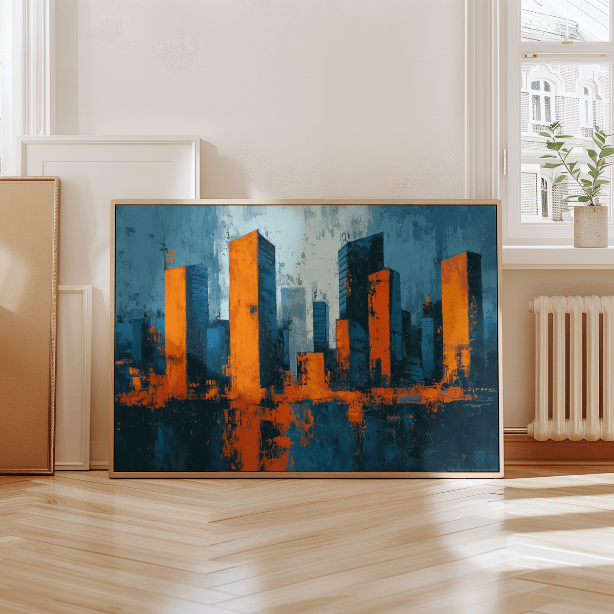 Cityscape Wall Art with blue and orange hues for bedroom poster