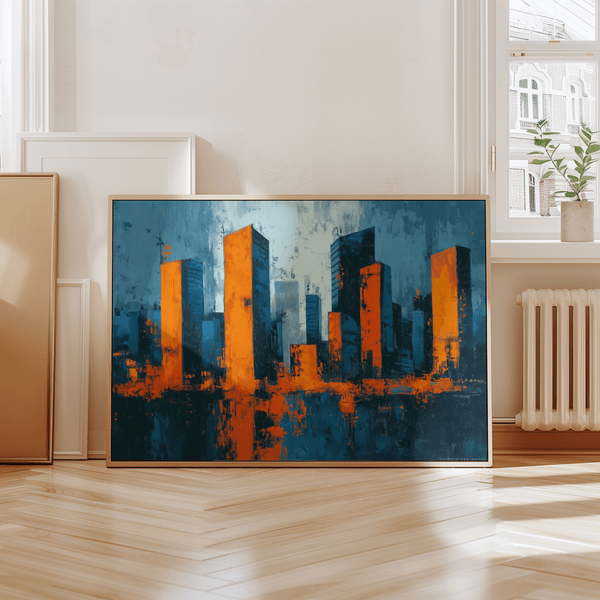 Cityscape Wall Art with blue and orange hues for bedroom poster