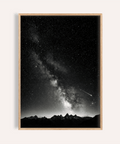 Starry Night Poster of Milky Way arc and meteor above rugged mountain silhouette in black and white
