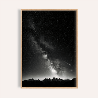 Starry Night Poster of Milky Way arc and meteor above rugged mountain silhouette in black and white