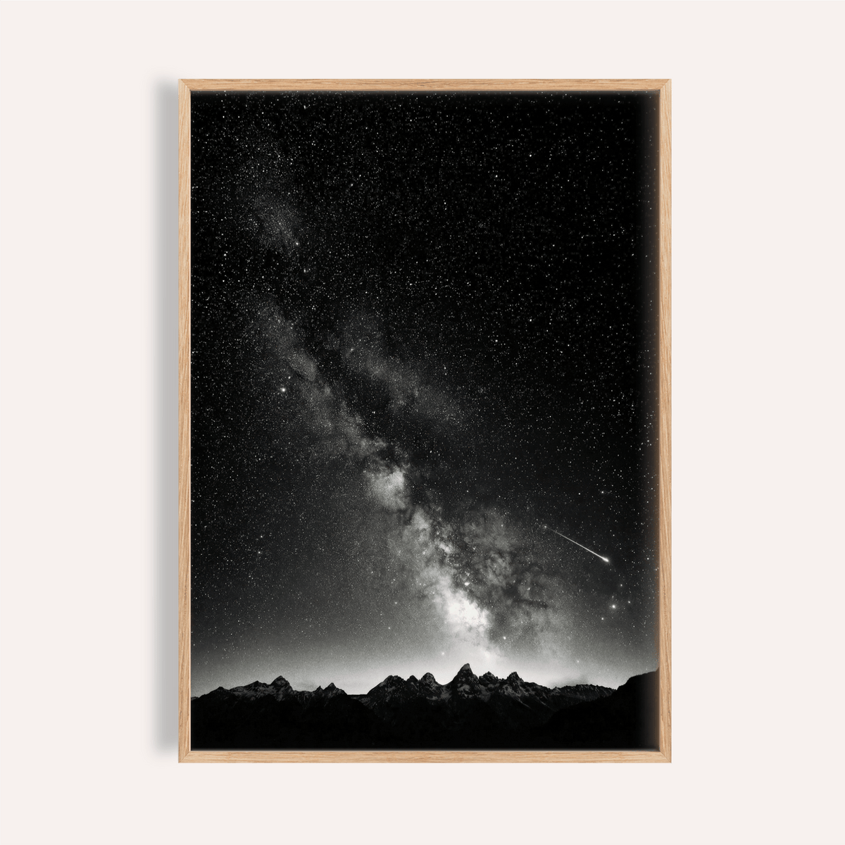 Starry Night Poster of Milky Way arc and meteor above rugged mountain silhouette in black and white