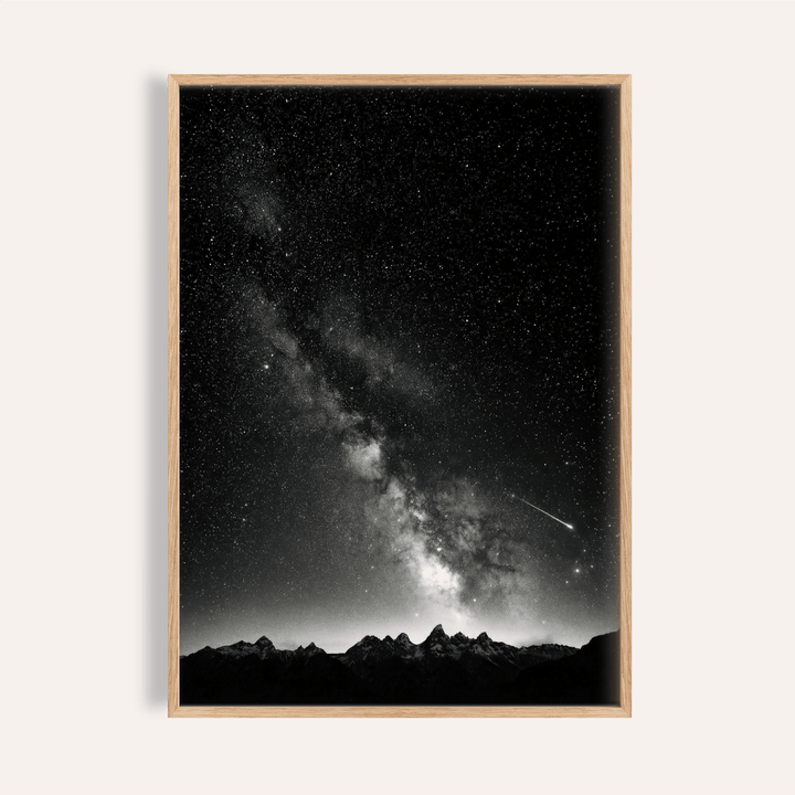 Starry Night Poster of Milky Way arc and meteor above rugged mountain silhouette in black and white