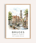 Bruges Canal Art Print of watercolor bridge over canal with boats and tower