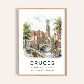 Framed print close-up of Bruges Canal Art Print with watercolour illustration and soft colours