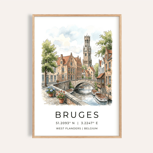 Bruges Canal Art Print of watercolor bridge over canal with boats and tower