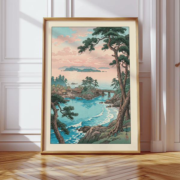 Vintage sea landscape wall art with waves on the beach, rocky coast, and layered island horizon