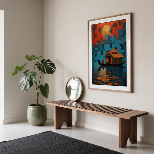 Depicting Kerala Wall Art wall art with a long houseboat silhouette, round lily pads, and sunset disc