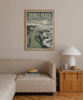Retro coastal golf course poster with curving fairway and crashing waves