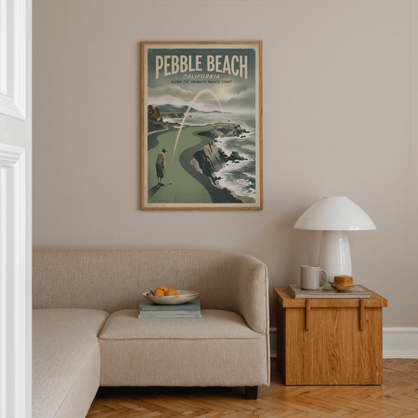 Retro coastal golf course poster with curving fairway and crashing waves