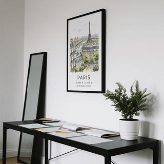 Framed scene poster showing Paris rooftops, river boats, and Eiffel Tower illustration