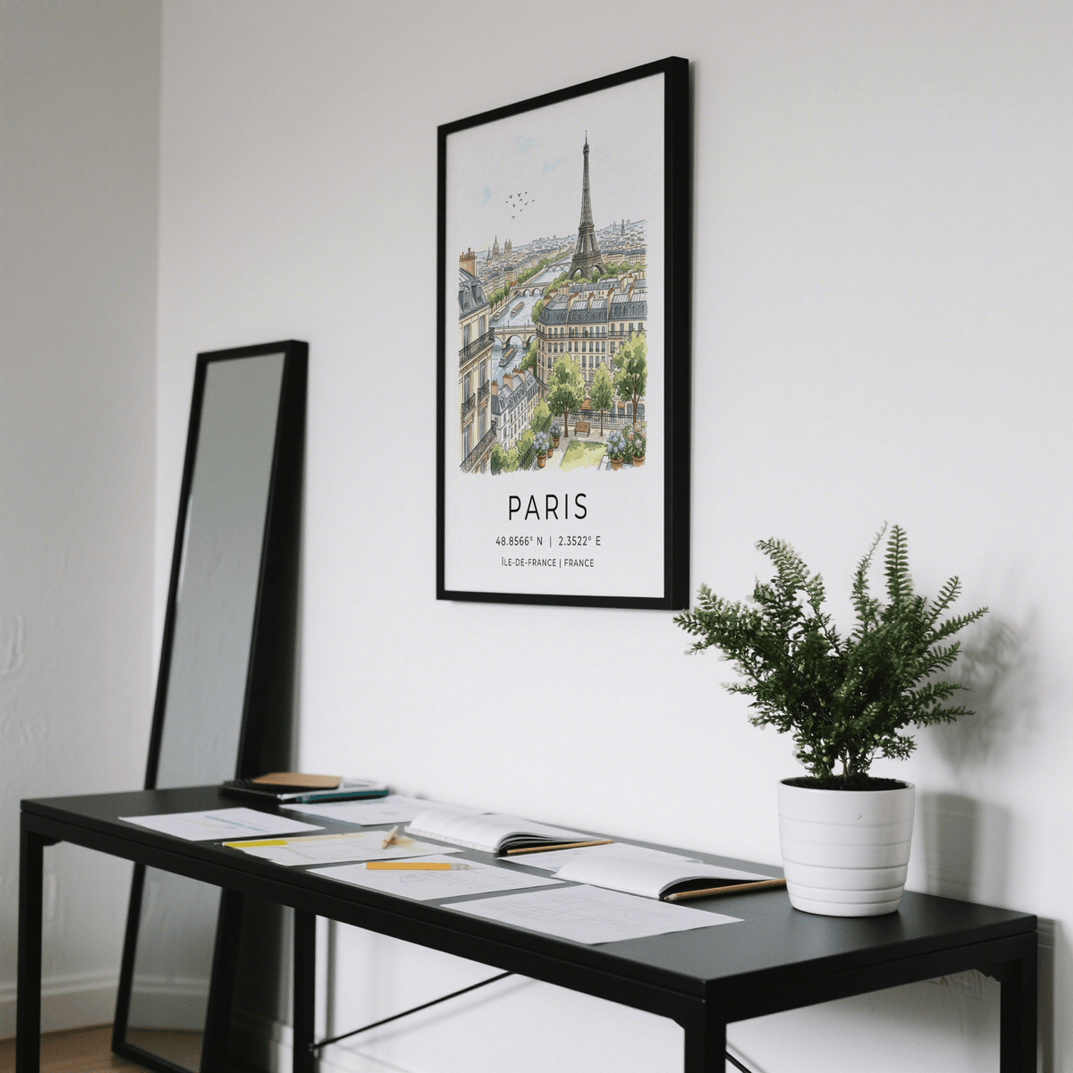 Framed scene poster showing Paris rooftops, river boats, and Eiffel Tower illustration