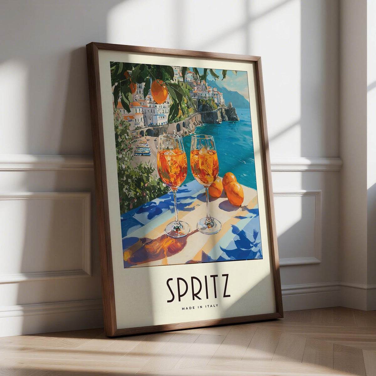 Cocktail Art Decor with two spritz glasses and coastal Amalfi backdrop