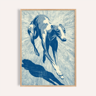 Framed Dog Wall Art of a running greyhound in blue and white line-art