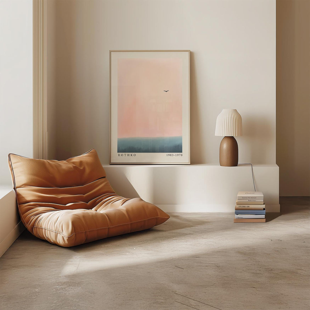 Gentle pastel fade in pink and blue wall art with horizon line.