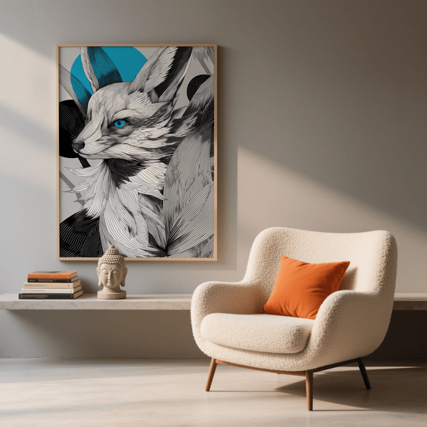 Japanese Fox Print with bold Blue, Gray, and White tones for bedroom