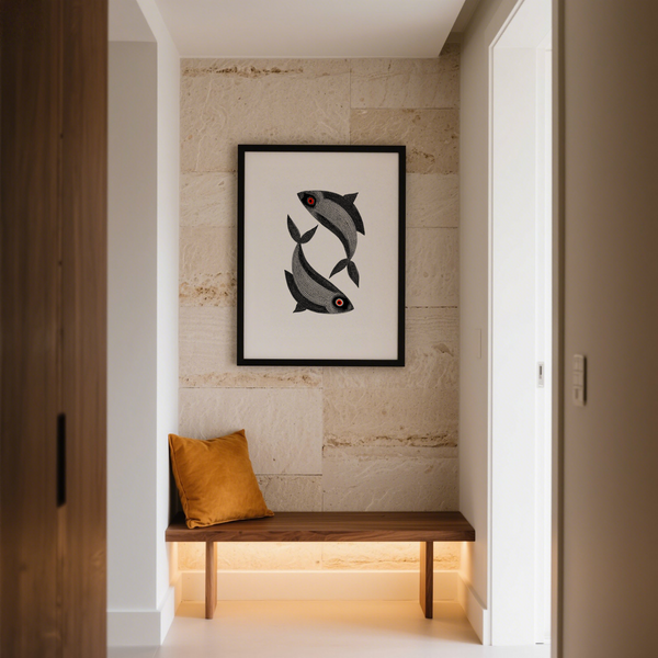 Circular Matsya Duo drawing featuring fine line detailing